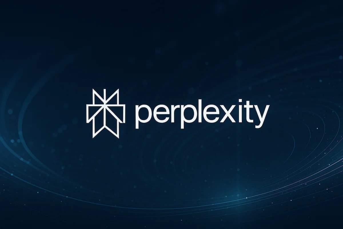 Diseño digital del logotipo de Perplexity con un fondo tecnológico moderno y tonos azulados iluminados