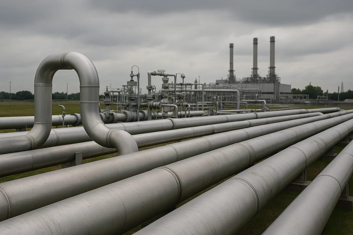 Red de tuberías de gas natural al aire libre, utilizada para el transporte y almacenamiento energético