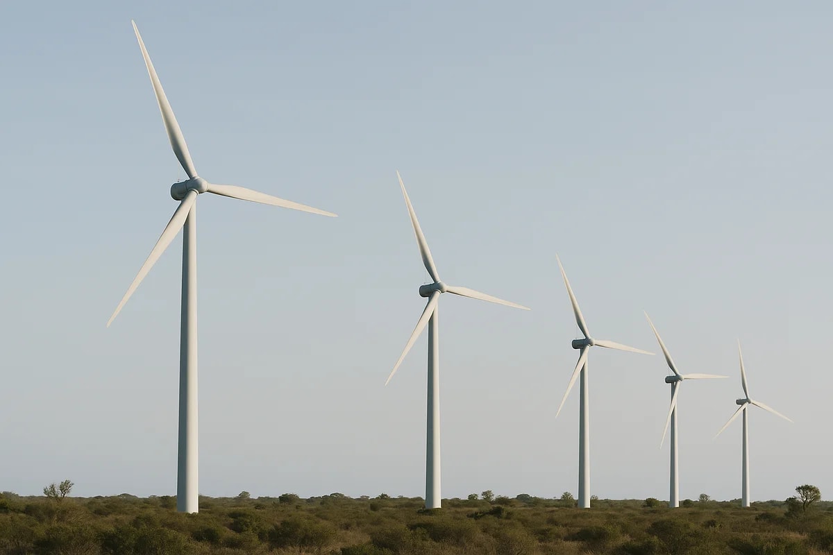 Filas de aerogeneradores en funcionamiento sobre un terreno verde bajo un cielo despejado
