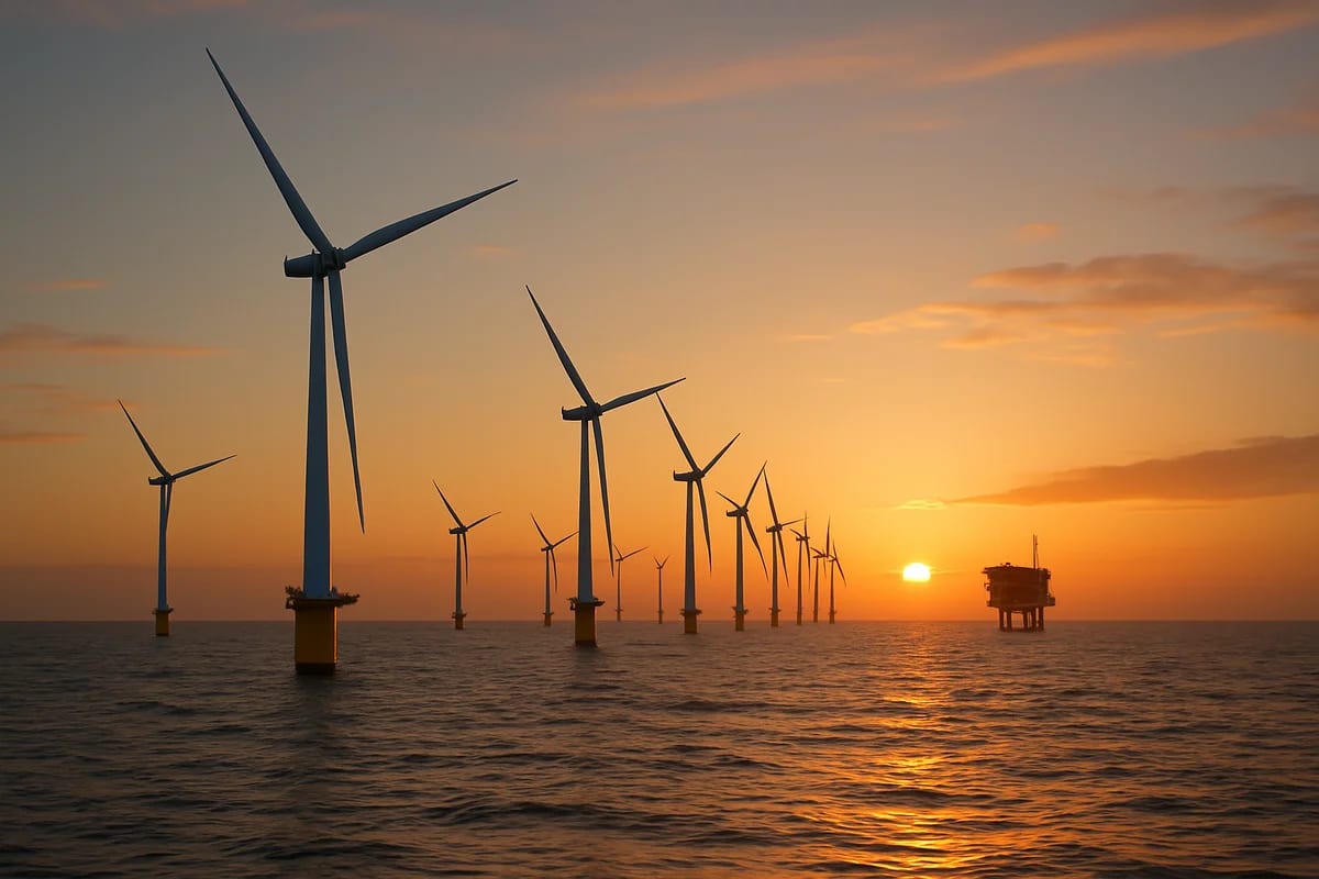 Parque eólico marino en el Mar del Norte al atardecer, con turbinas alineadas sobre el mar