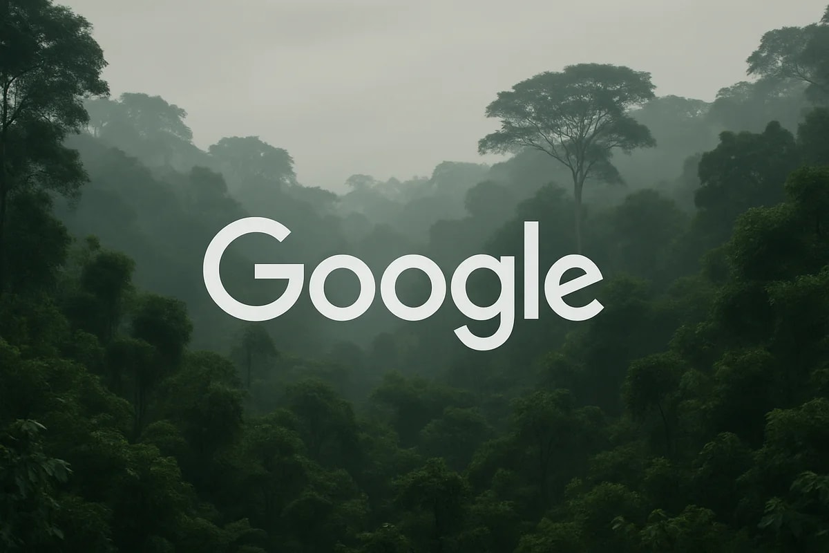 Bosque del Amazonas cubierto de niebla con el logotipo de Google en el primer plano