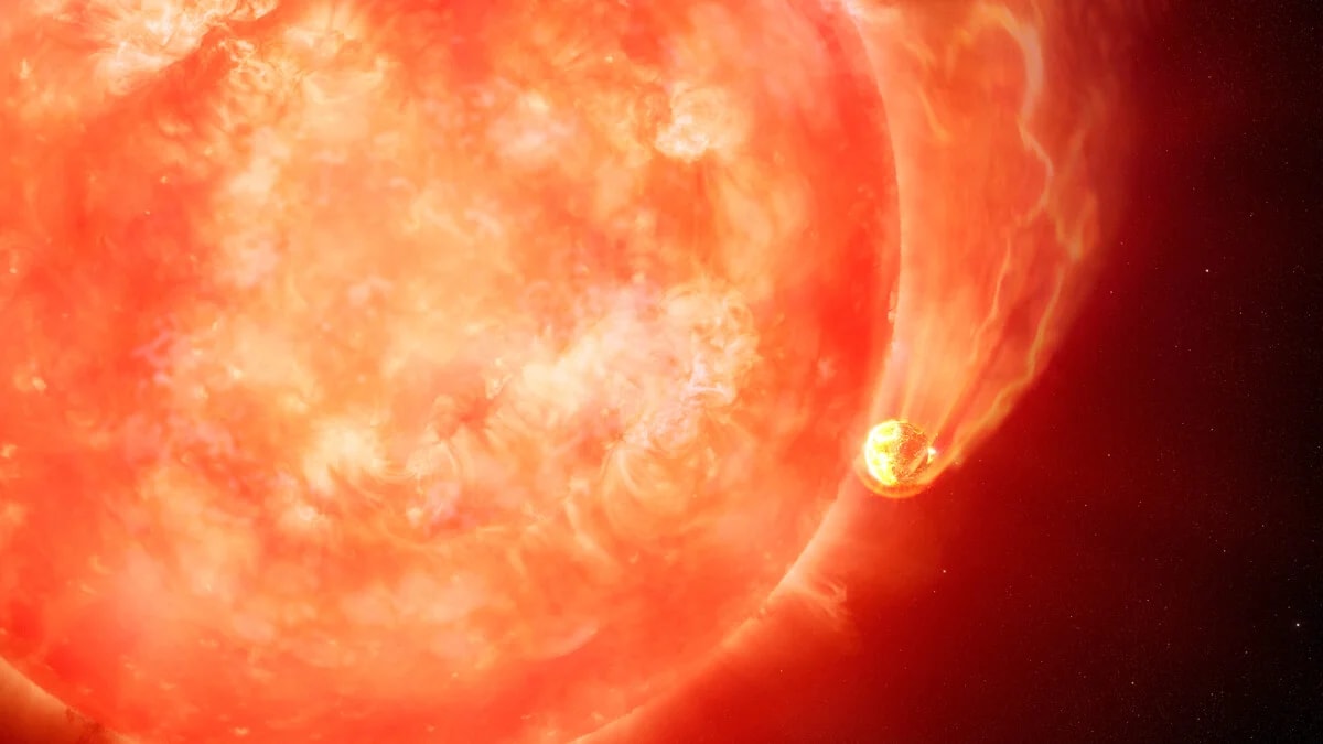 Ilustración de una estrella similar al Sol engullendo un exoplaneta