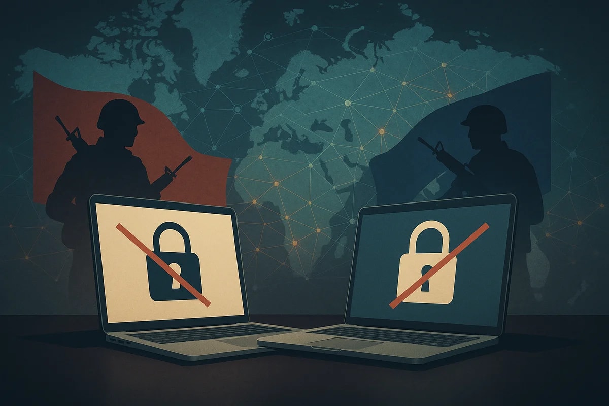 Ilustración realista de guerra cibernética entre países, con dos portátiles enfrentados, siluetas de soldados y un mapa mundial conectado por redes digitales en tonos azul y rojo