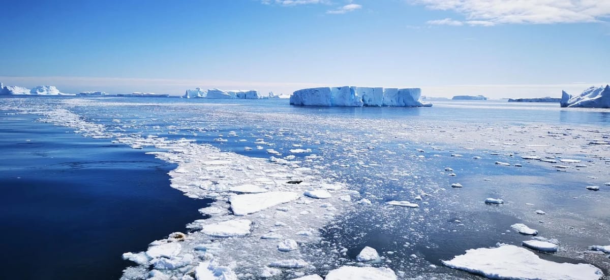 Vista del océano Antártico con témpanos de hielo flotando bajo un cielo despejado