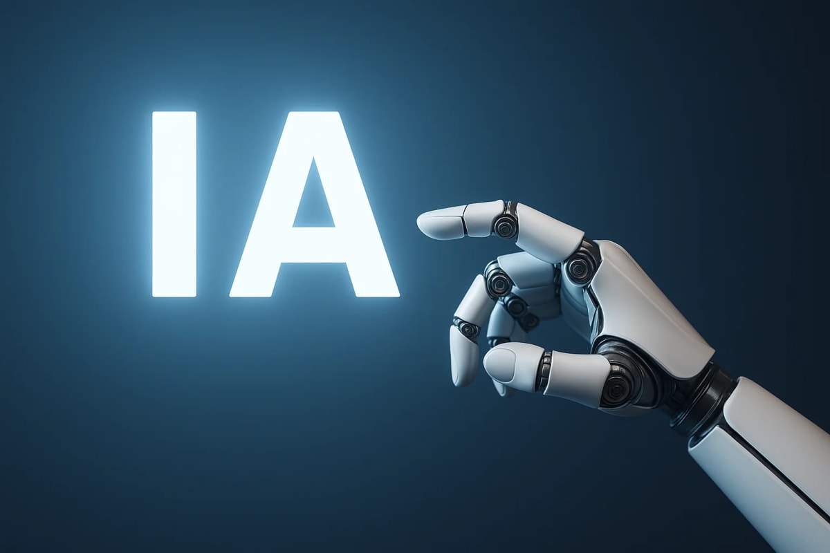 Mano robótica metálica extendida tocando las letras brillantes “IA” sobre un fondo azul oscuro con iluminación futurista y estilo realista