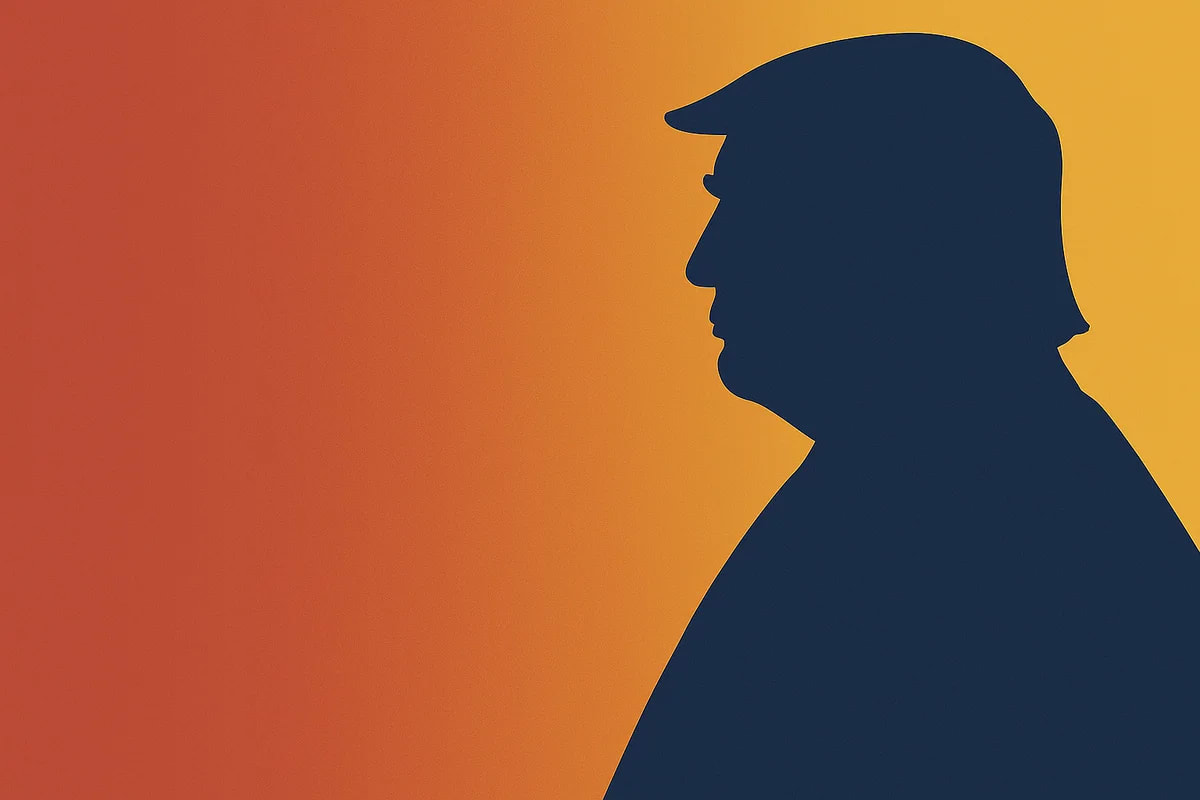 Silueta oscura de Donald Trump sobre un fondo degradado en tonos naranja y amarillo