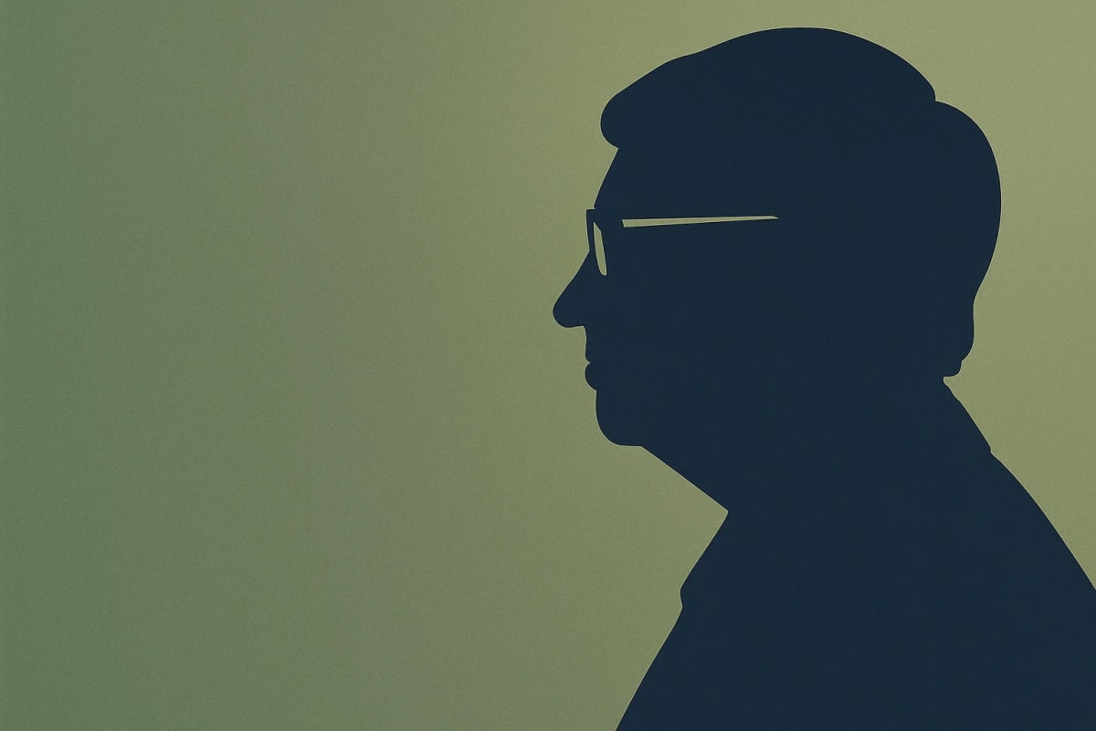 Silueta oscura de Bill Gates en perfil lateral sobre un fondo opaco en tonos verde y gris