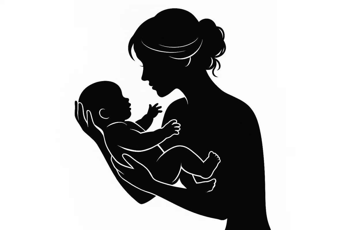 Ilustración artística en blanco y negro que muestra la silueta de una madre sosteniendo a su bebé en brazos
