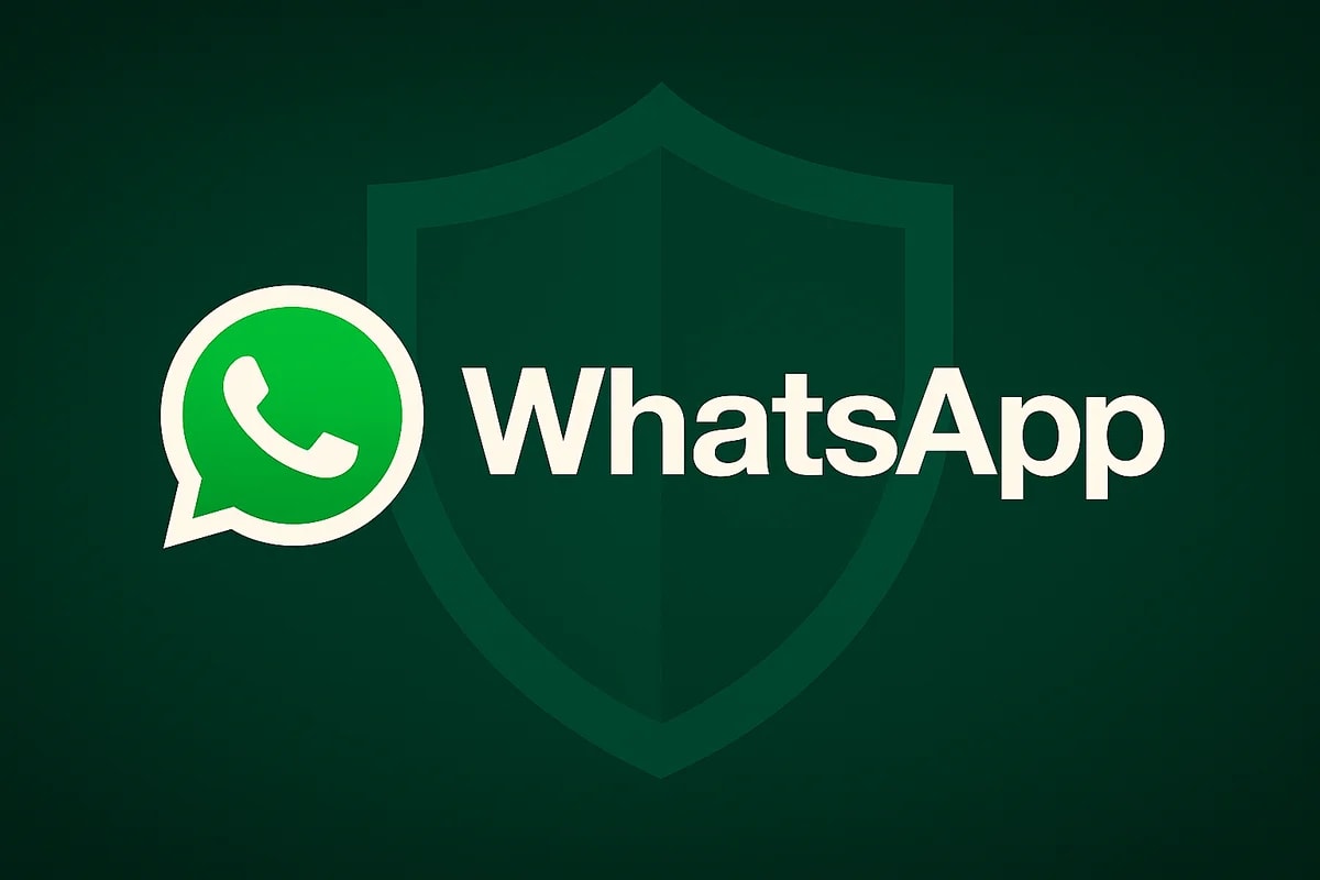 Logotipo verde de WhatsApp sobre fondo oscuro con un escudo difuminado