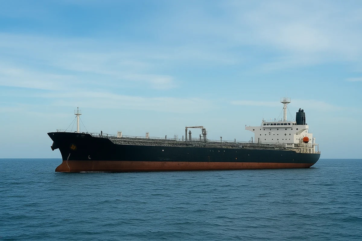 Buque petrolero navegando en mar abierto bajo un cielo despejado, con el casco negro y la parte inferior rojiza.