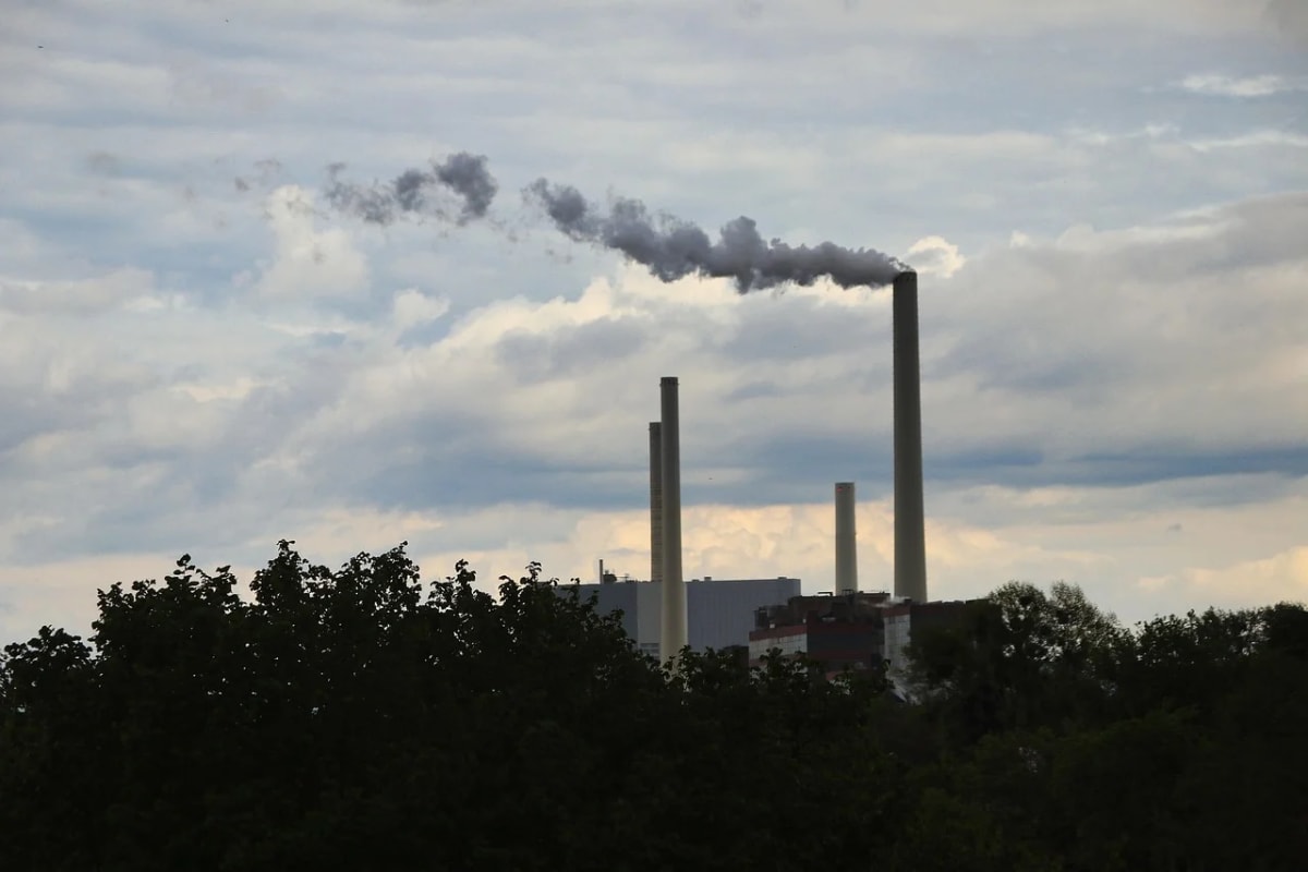 Chimeneas industriales emitiendo humo sobre una zona arbolada