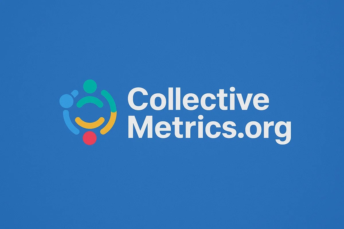 Logotipo de CollectiveMetrics.org con figuras circulares de colores azul, verde, amarillo y rojo sobre un fondo azul moderno