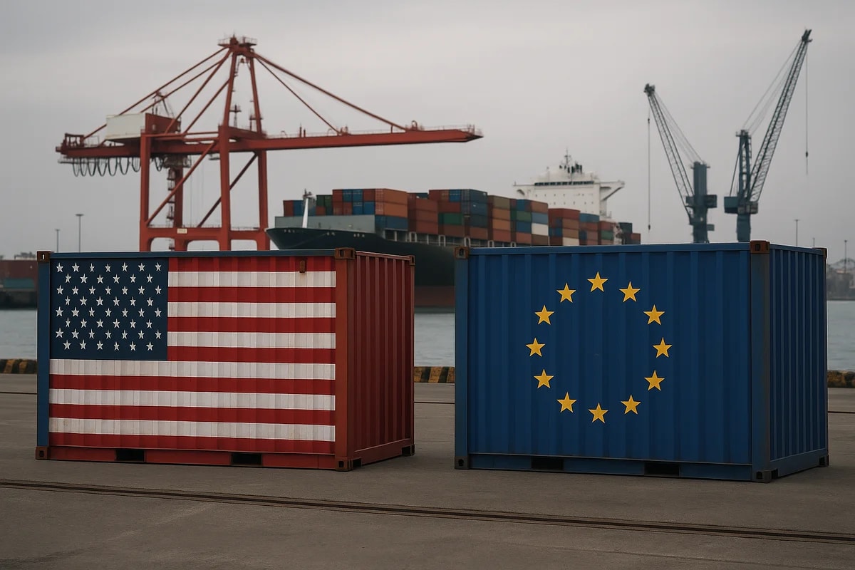 Contenedores con las banderas de Estados Unidos y la Unión Europea en un puerto industrial