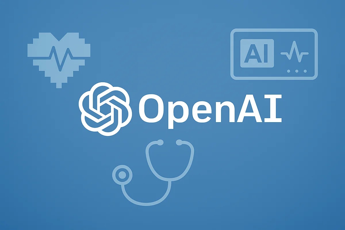 Logotipo de OpenAI con iconos médicos sobre fondo azul