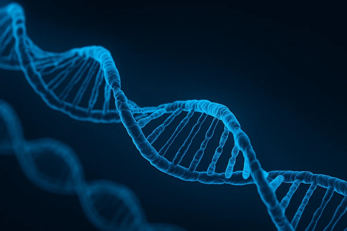 Estructura de doble hélice del ADN en color azul brillante sobre un fondo oscuro