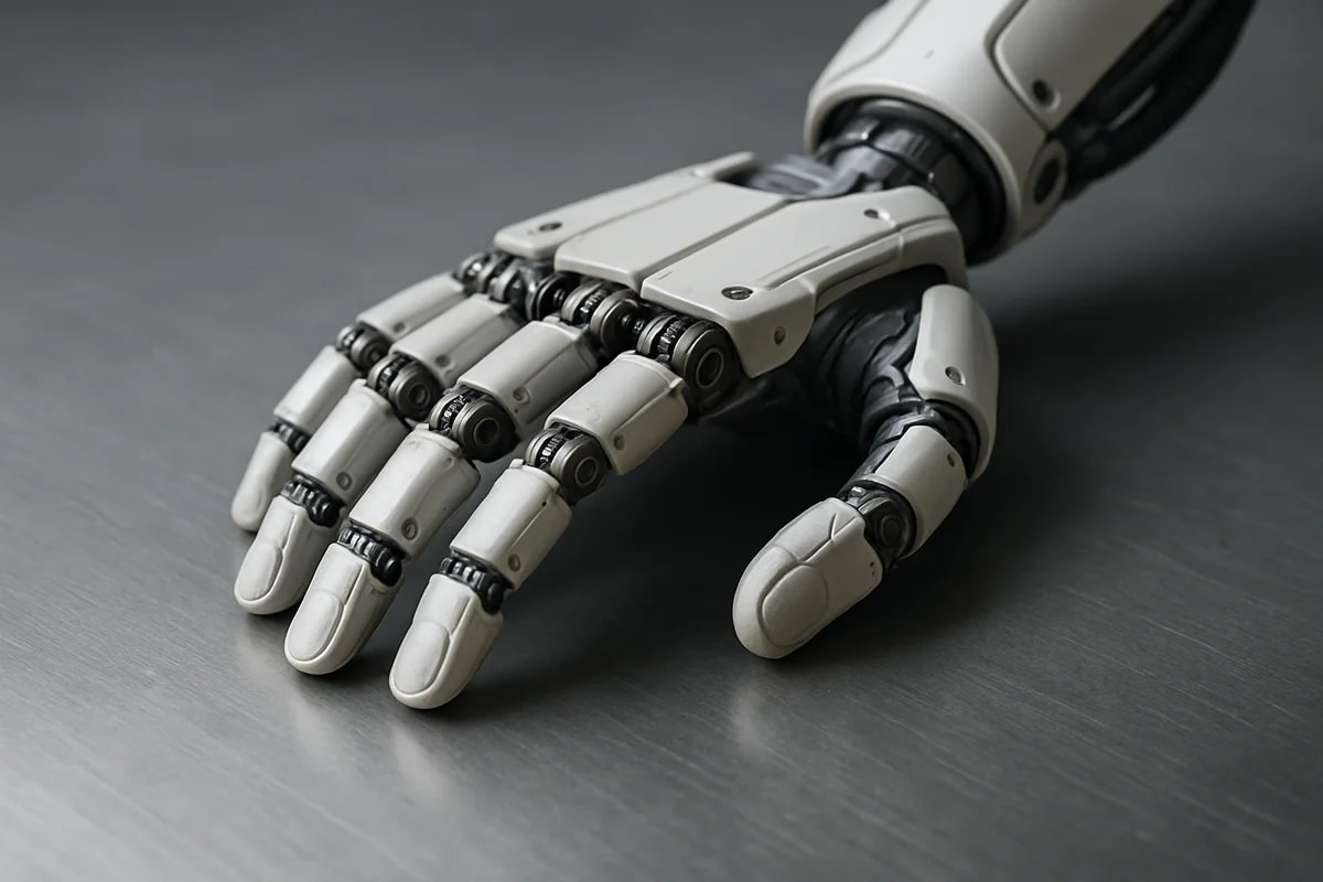 Mano robótica metálica apoyada sobre una superficie de acero