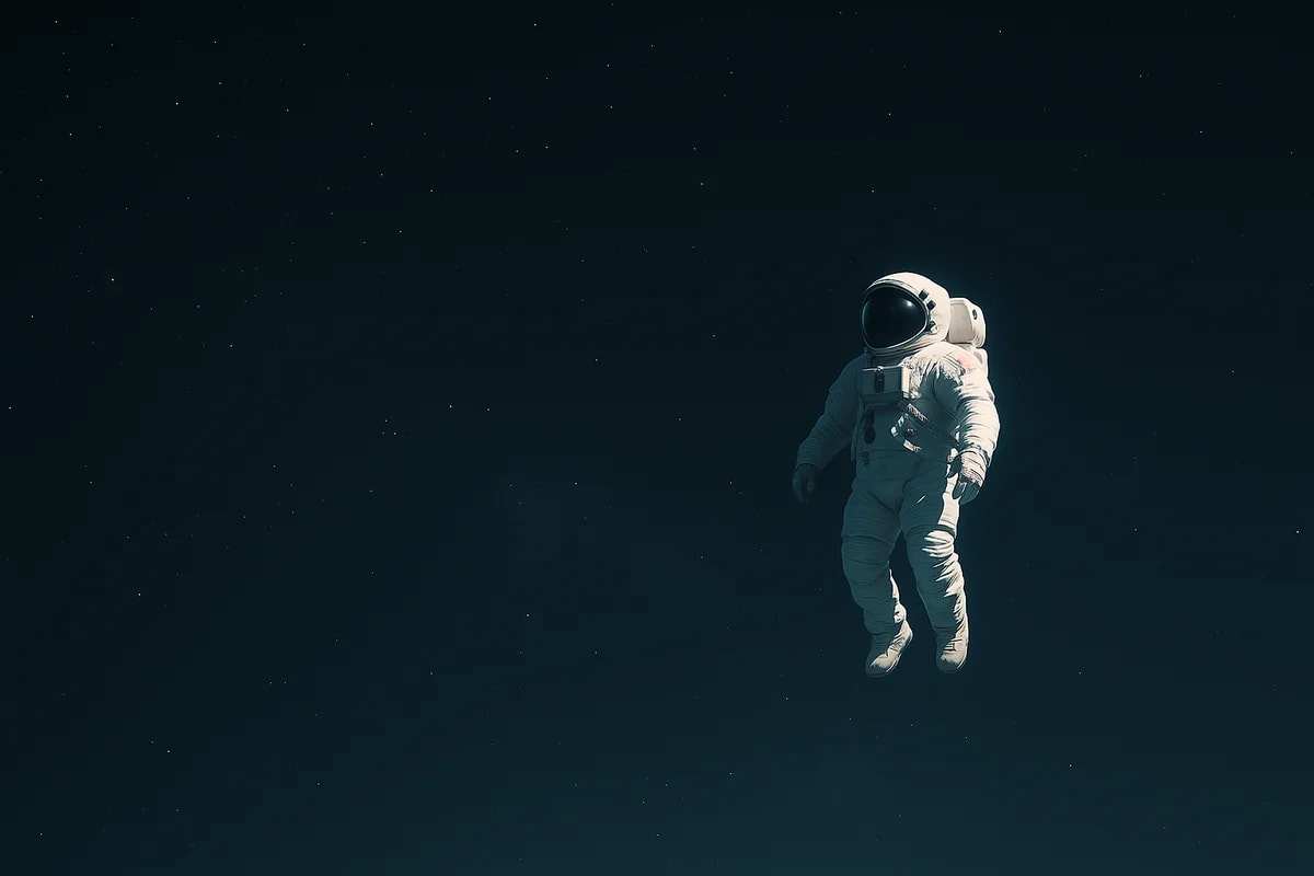 Astronauta flotando solo en el espacio, iluminado suavemente mientras las estrellas brillan a su alrededor