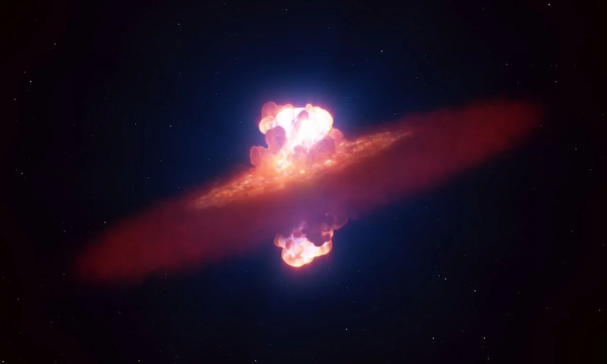 Ilustración de la supernova SN 2024ggi en la galaxia NGC 3621, mostrando una explosión con forma alargada similar a una aceituna