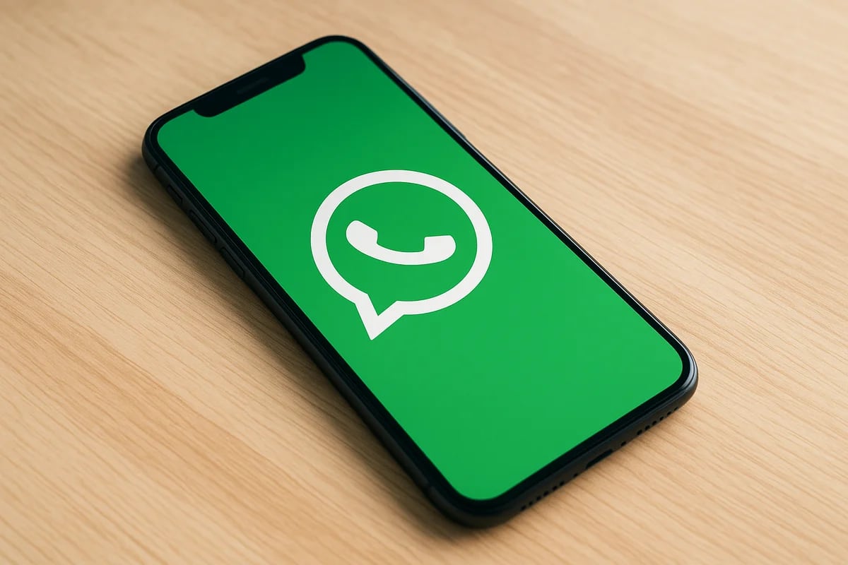 Teléfono móvil inclinado sobre una mesa de madera con el logotipo de WhatsApp en la pantalla