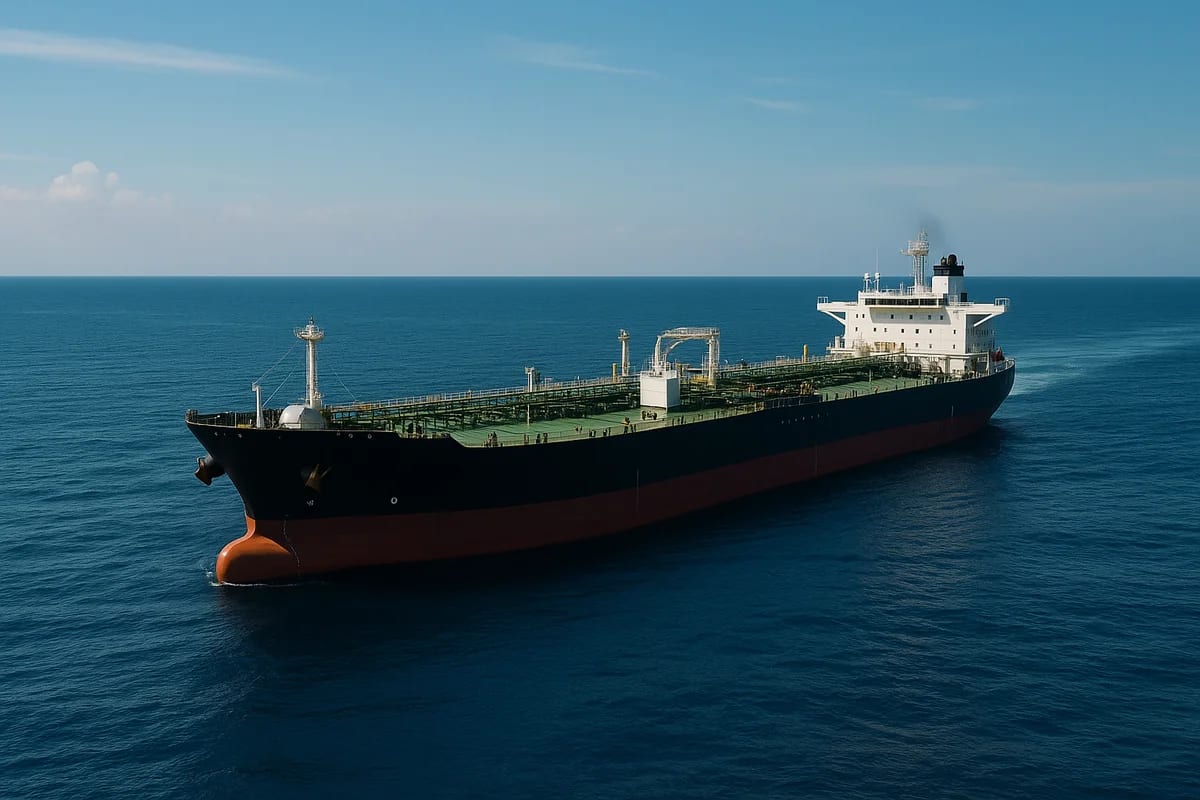 Barco petrolero navegando en solitario sobre un mar tranquilo bajo luz natural