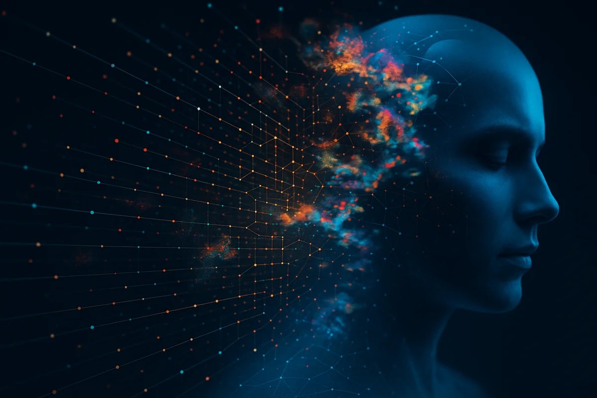 Rostro humanoide azul con patrones de red neuronal, disolviéndose en una nube de puntos y líneas luminosas