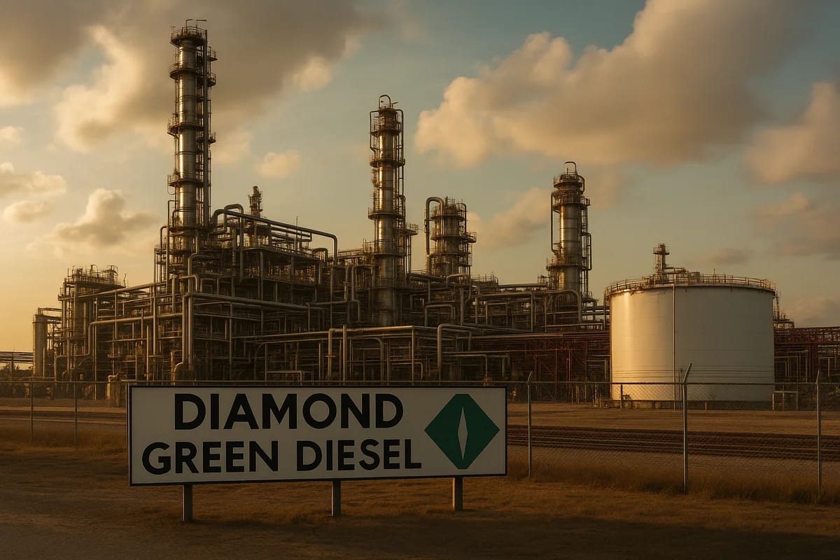 Es una imagen representativa de Diamond Green Diesel, refinería industrial en Texas donde se produce biocombustible a partir de sebo bovino