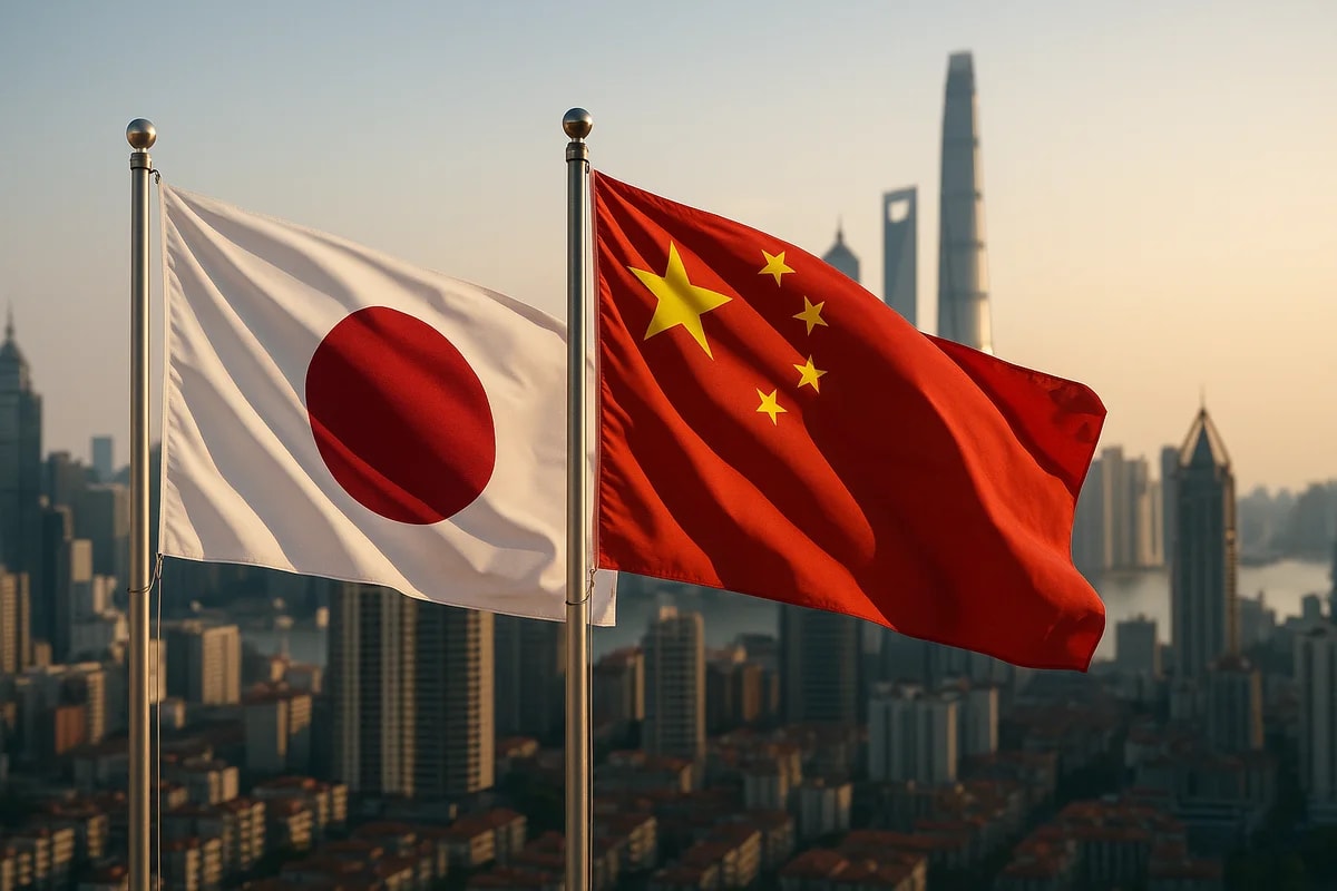 Banderas de Japón y China ondeando sobre una ciudad moderna al atardecer