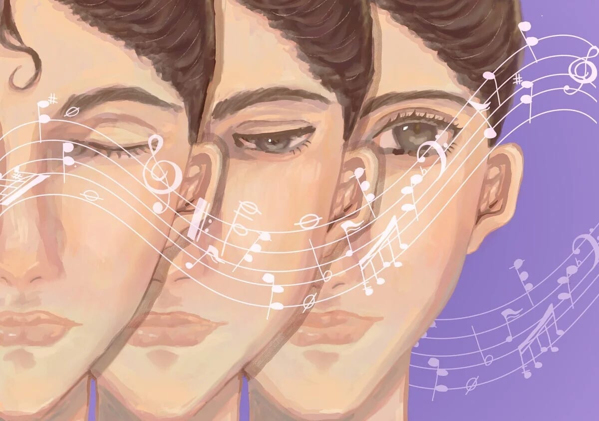 Primer plano de una mujer con los ojos moviéndose suavemente al compás de una melodía que suena de fondo