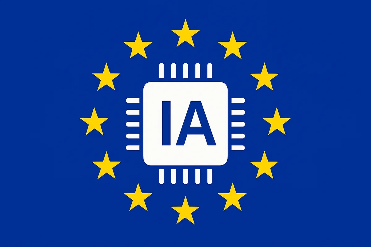 Chip IA sobre fondo azul con estrellas de la UE