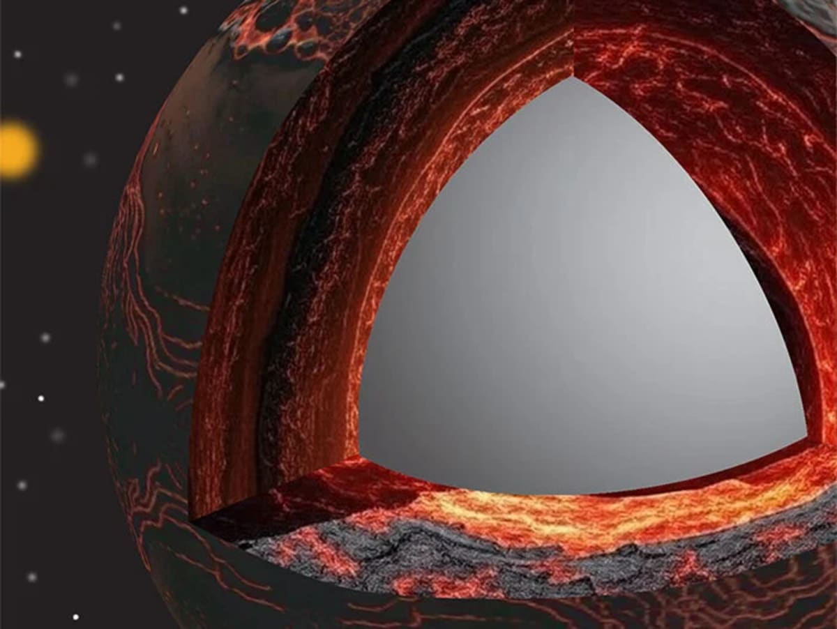 Ilustración que muestra una sección transversal de la Tierra joven, con una capa interna caliente y fundida situada sobre el límite entre el núcleo y el manto