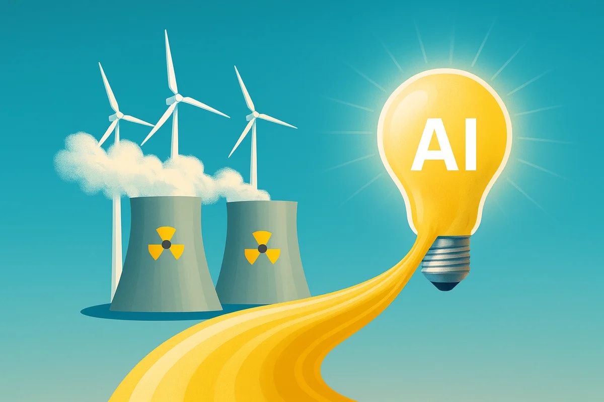 Ilustración que combina energía nuclear y eólica alimentando una bombilla amarilla con las siglas AI en el centro