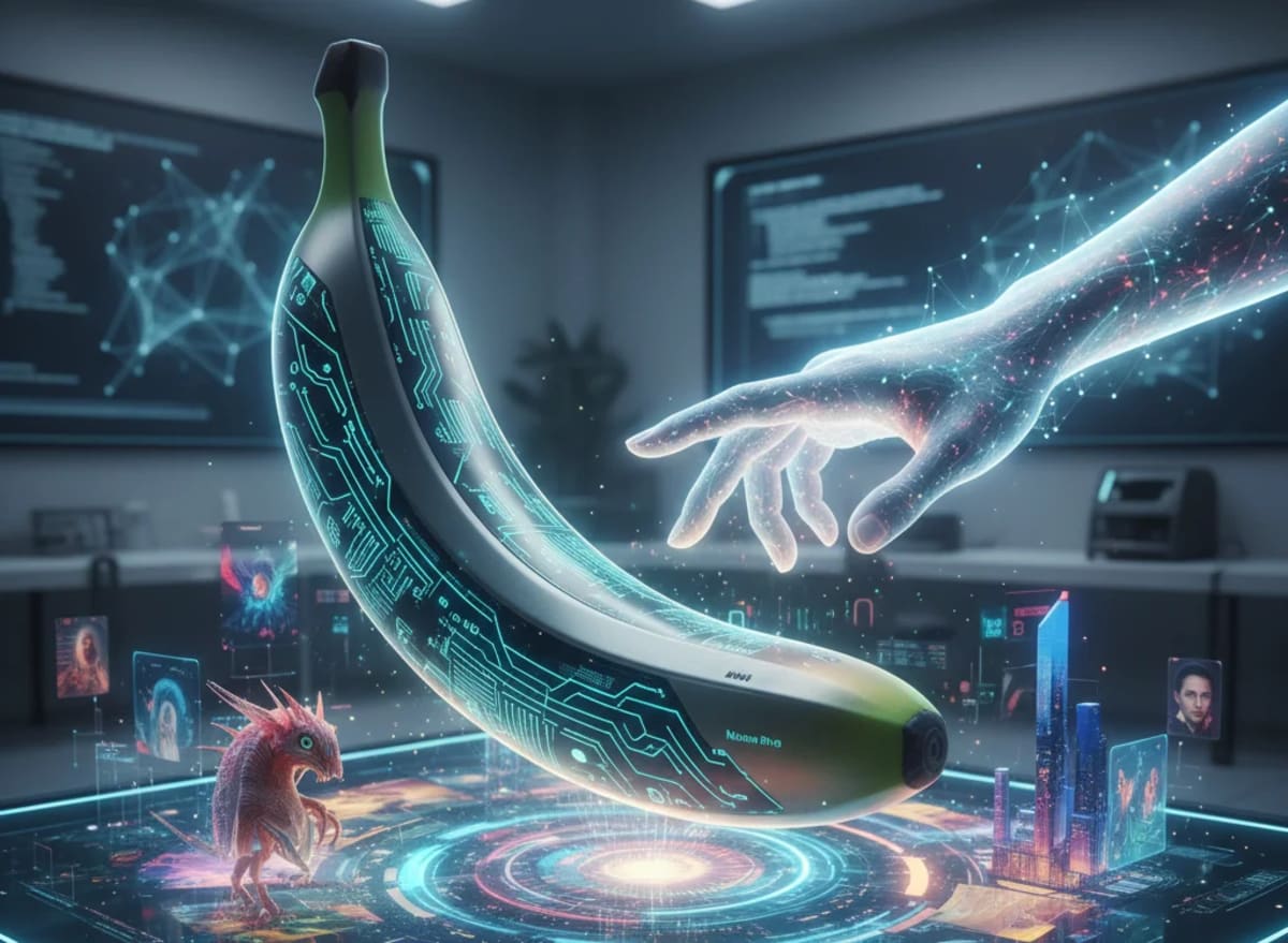 Representación futurista de una banana con circuitos digitales flotando sobre una mesa holográfica