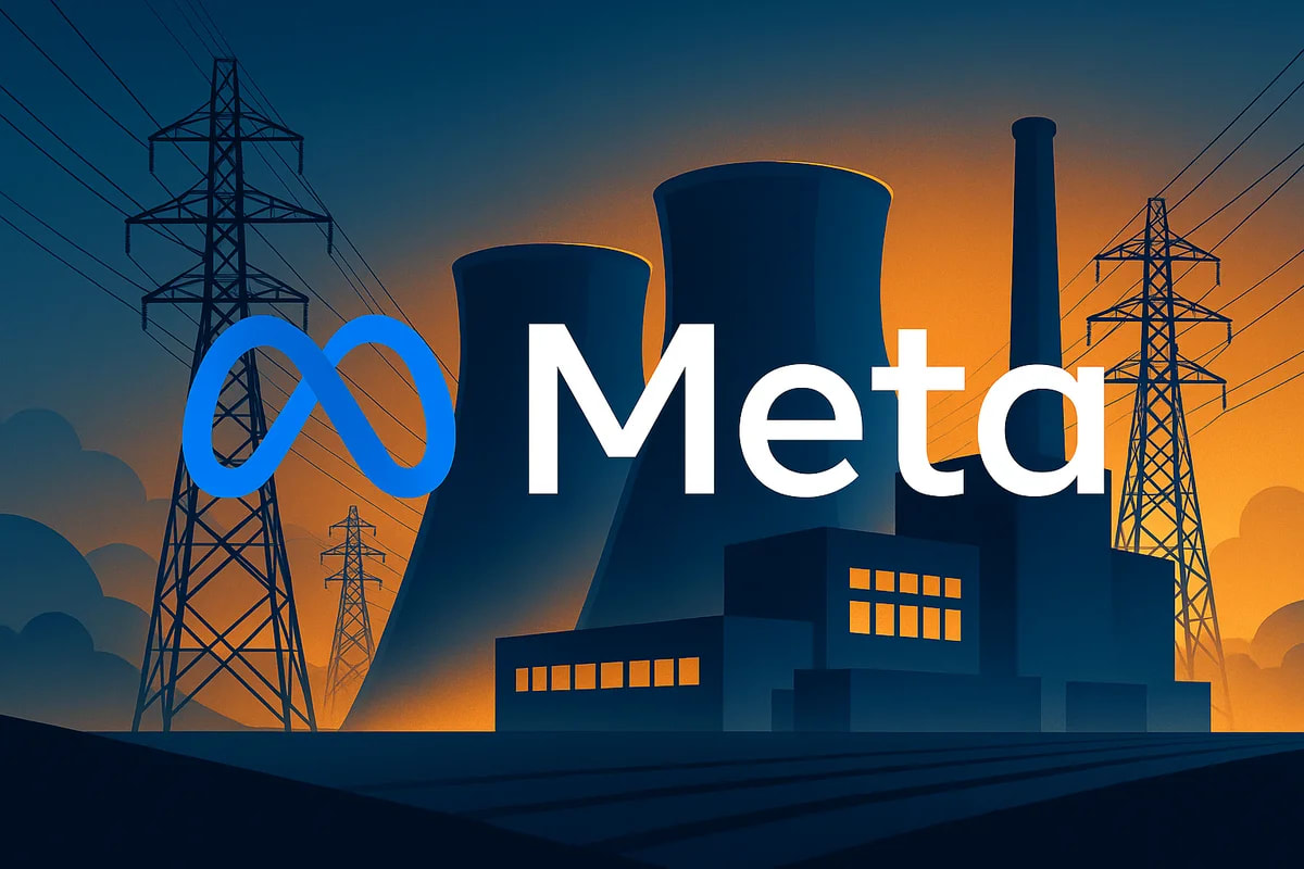 Logotipo de Meta sobre un fondo oscuro con elementos visuales relacionados con energía y centros de datos