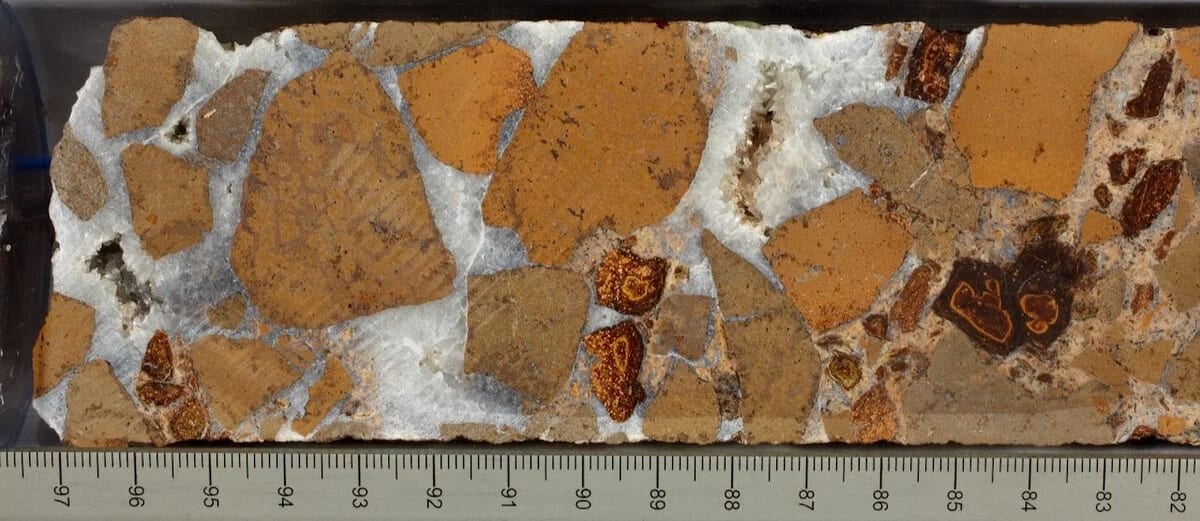 Núcleos de brecha de lava con carbonato de calcio blanco recuperados del sitio IODP U1557