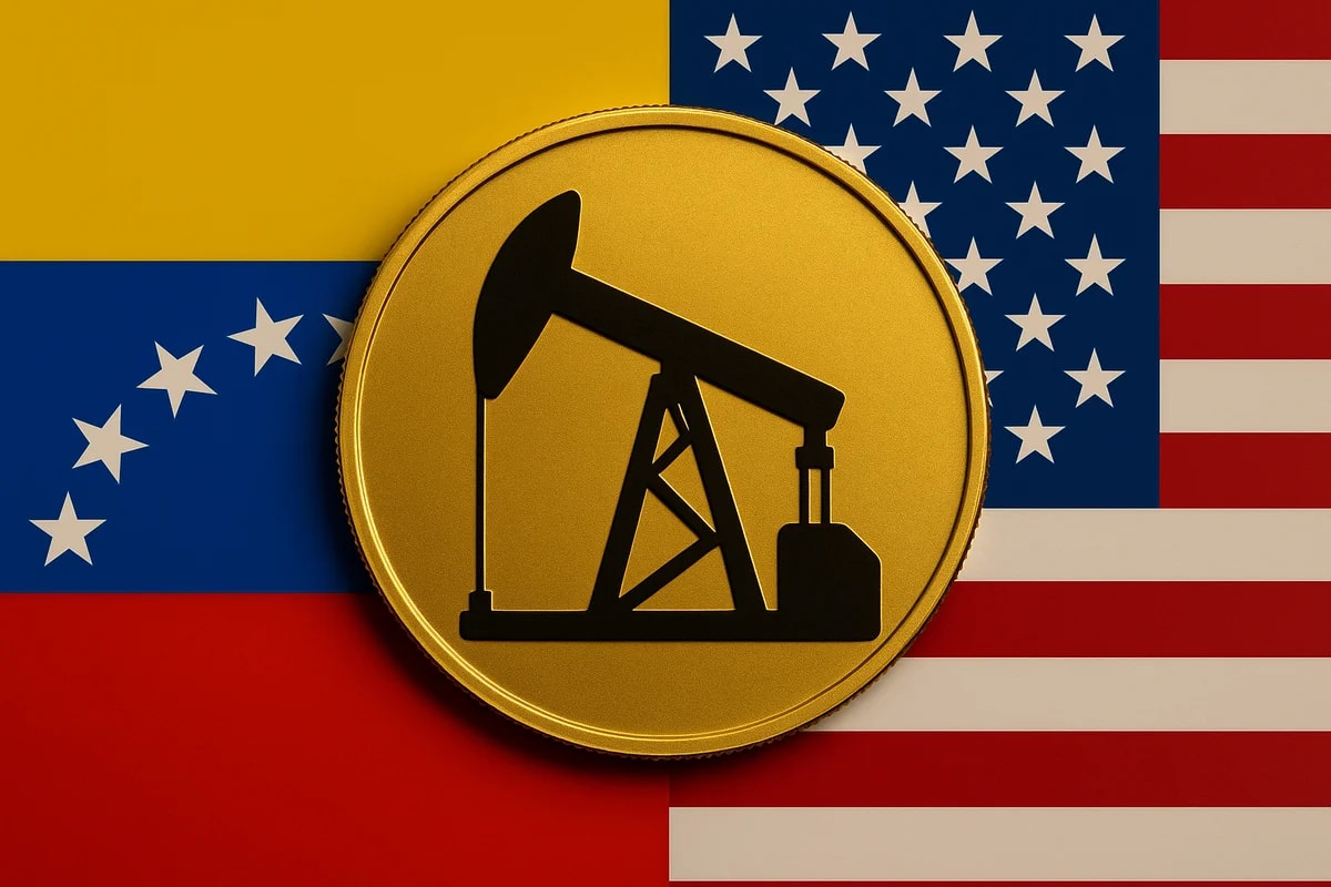 Moneda dorada con símbolo petrolero sobre las banderas de Venezuela y EE. UU., representando el petróleo como intercambio entre ambos países