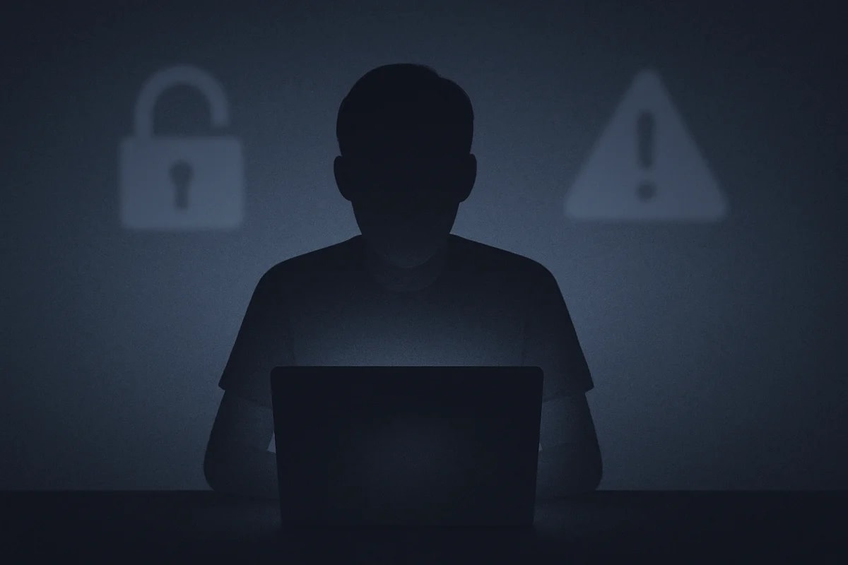 Silueta joven ante un portátil con símbolos borrosos de seguridad en un fondo oscuro