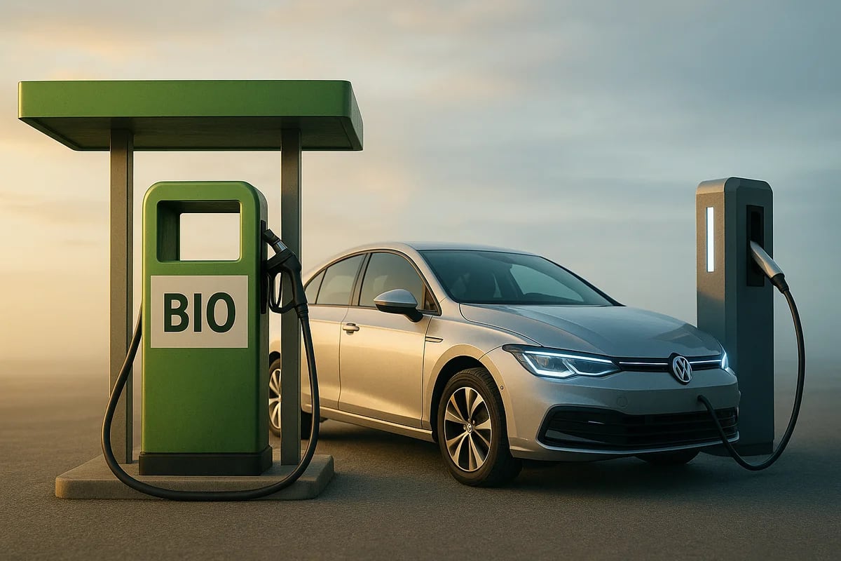Surtidor verde de biocombustible junto a un coche eléctrico conectado a su cargador