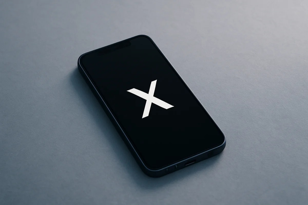 Teléfono móvil sobre una superficie gris mostrando el logotipo de X en la pantalla
