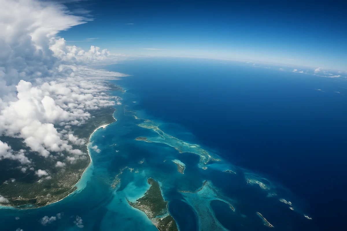 Vista aérea del Caribe con mar turquesa, zona despejada y nubes densas marcando el contraste entre aire seco y húmedo