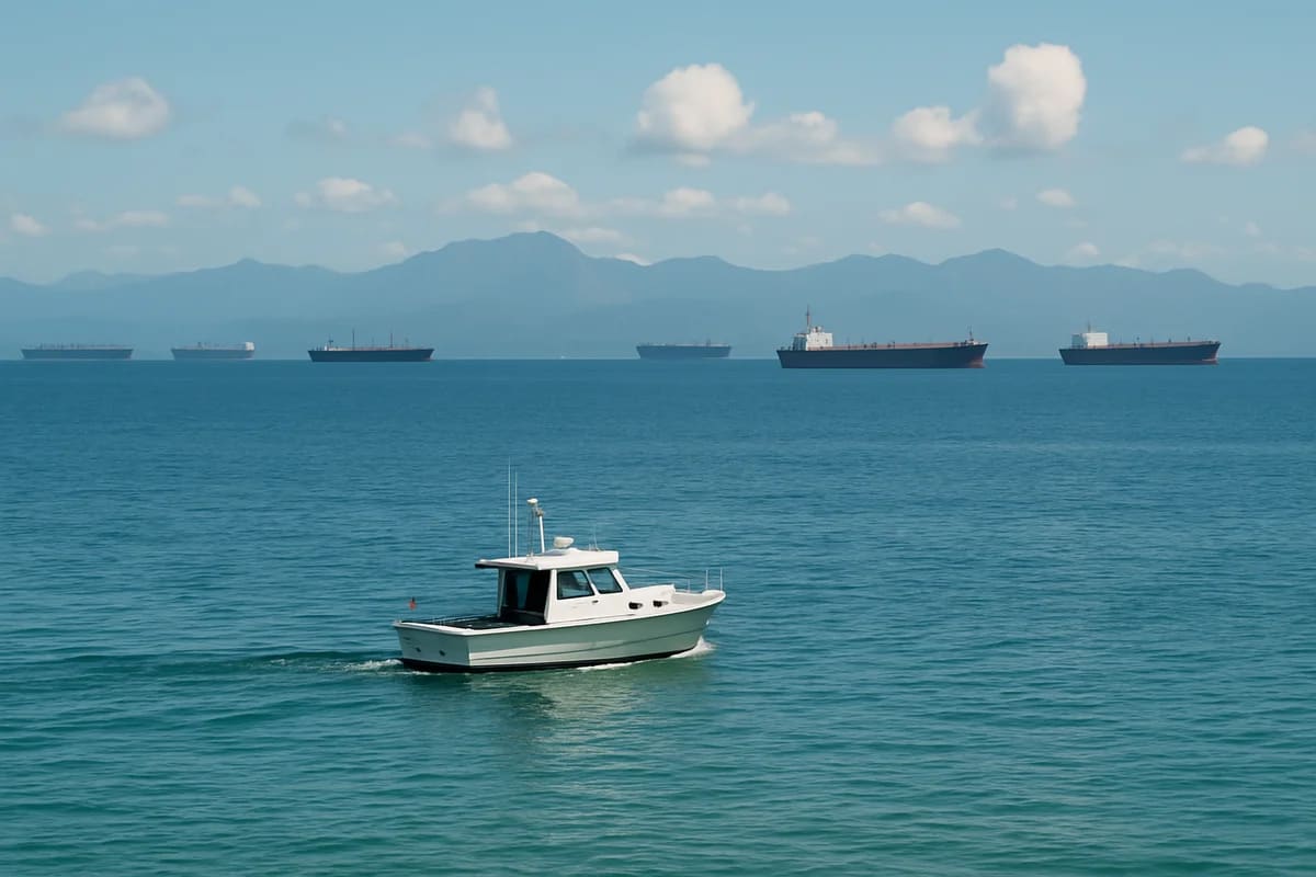 Barco pequeño navegando sobre aguas verde-azuladas, con varios cargueros alineados en el fondo