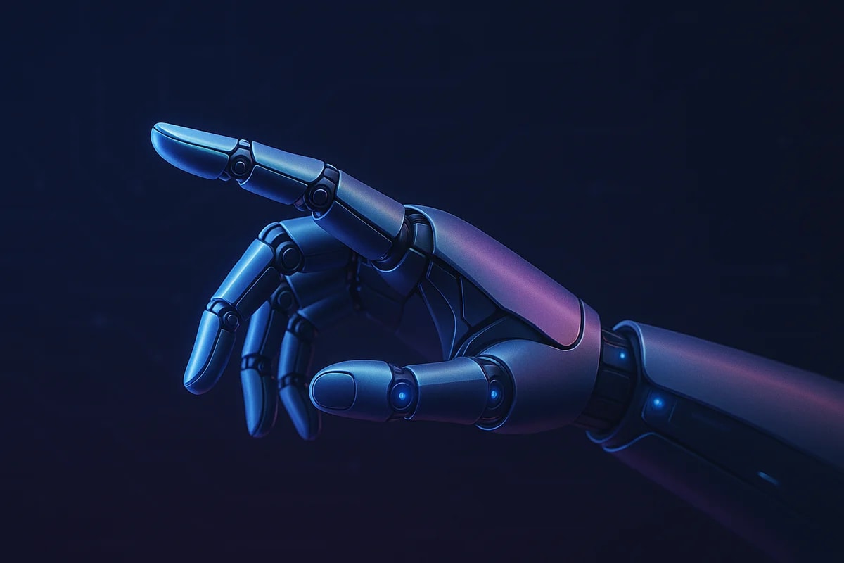 Mano robótica metálica extendida hacia adelante, iluminada con tonos azules y púrpuras sobre un fondo oscuro con luces sutiles