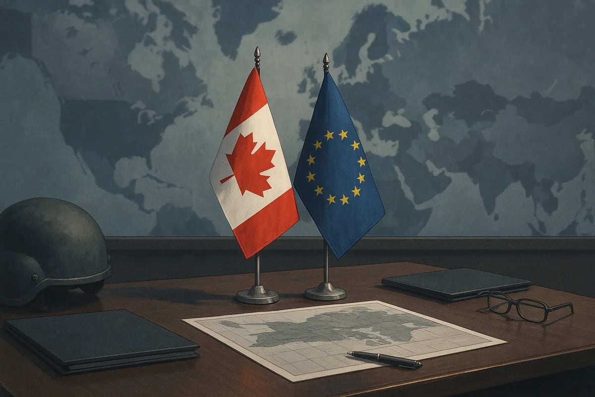 Banderas de Canadá y la Unión Europea sobre una mesa de reuniones