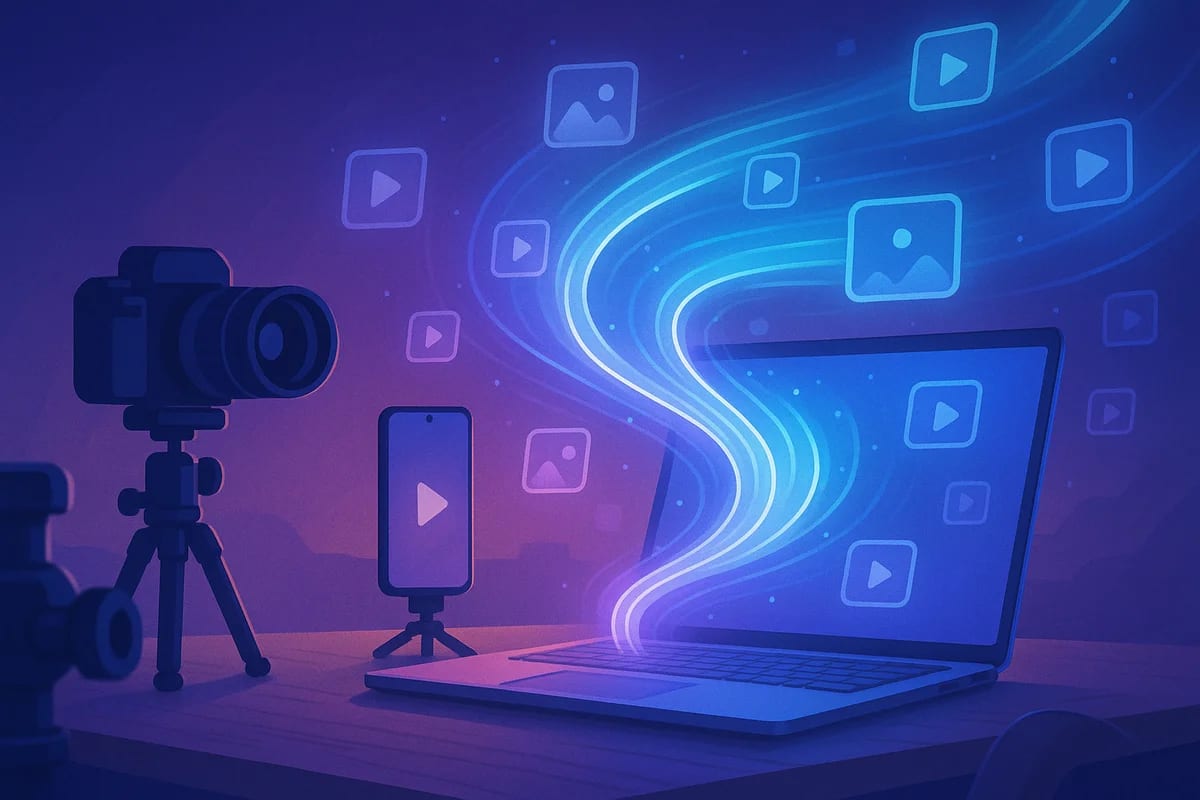 Escritorio con cámara, móvil y laptop desde la que emergen flujos luminosos que generan imágenes y vídeos de forma automática