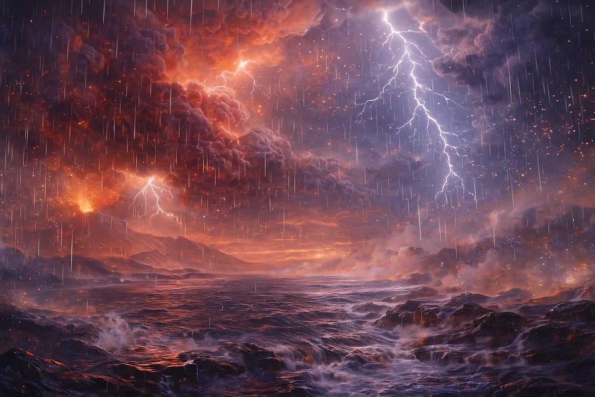 Paisaje de la Tierra primitiva con nubes volcánicas rojizas, relámpagos y lluvia cayendo sobre océanos calientes