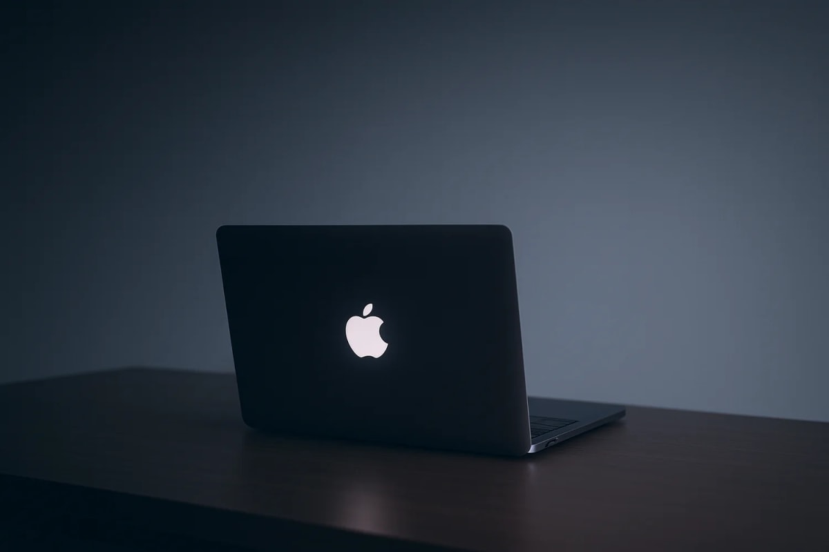 MacBook con el logo iluminado sobre una mesa