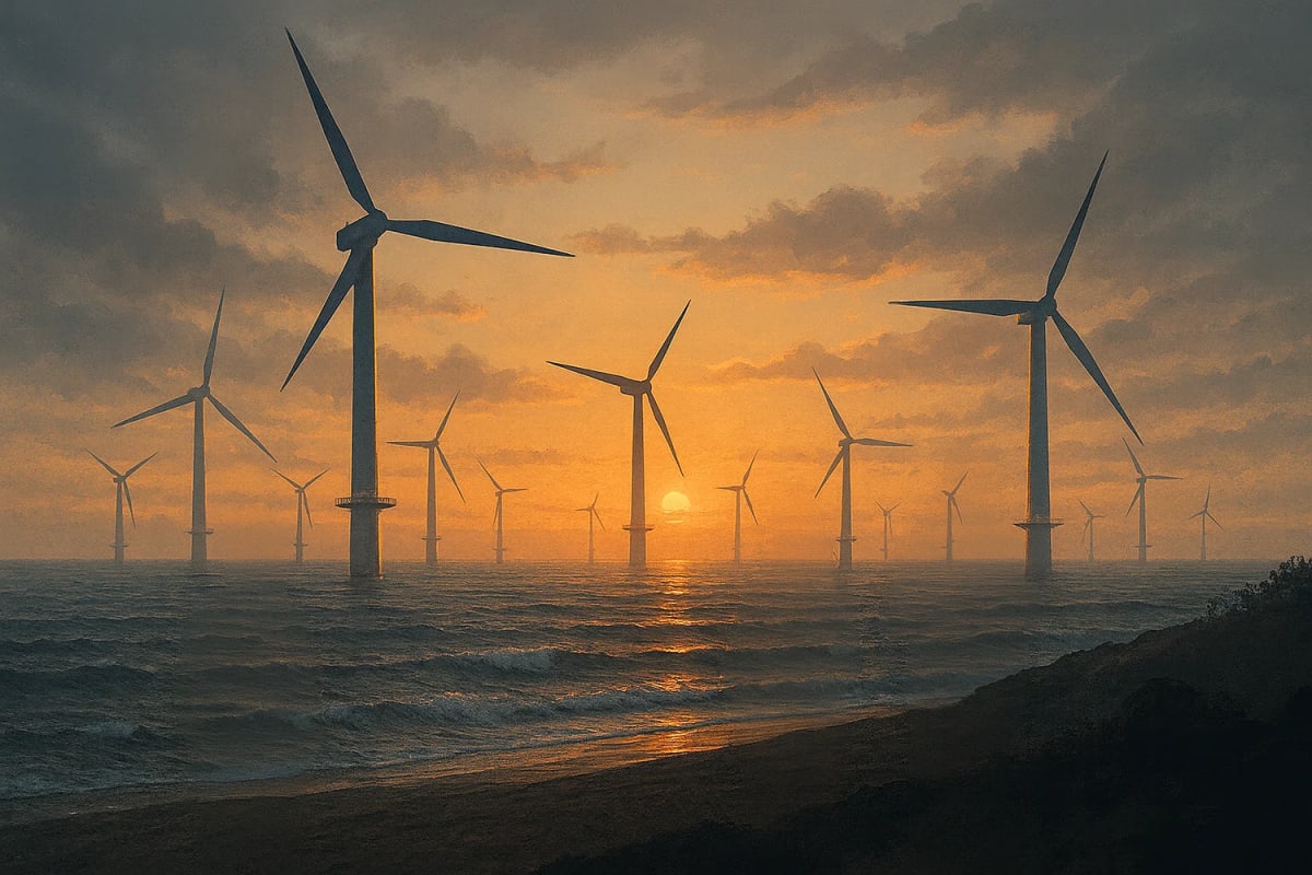 Parque eólico marino al atardecer visto desde la costa