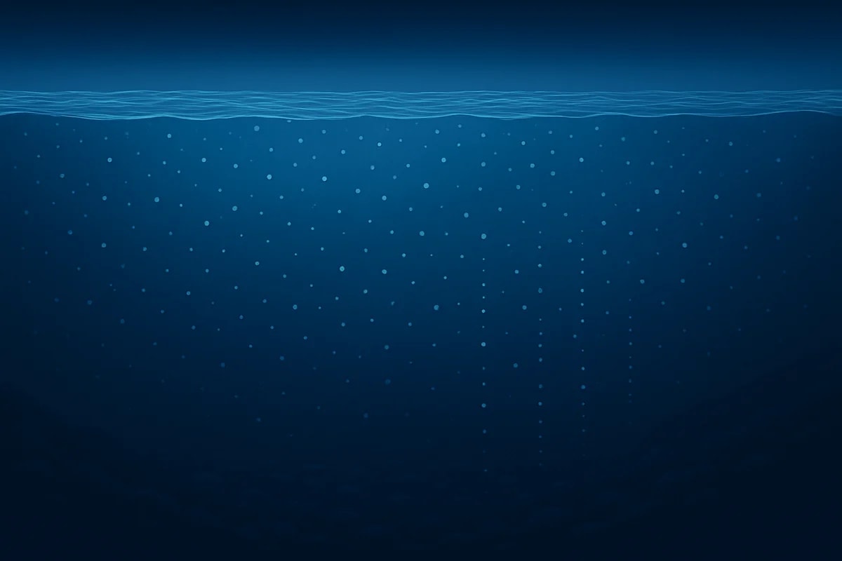 Columna de agua oceánica con microplásticos flotando en capas y otros hundiéndose hacia las profundidades