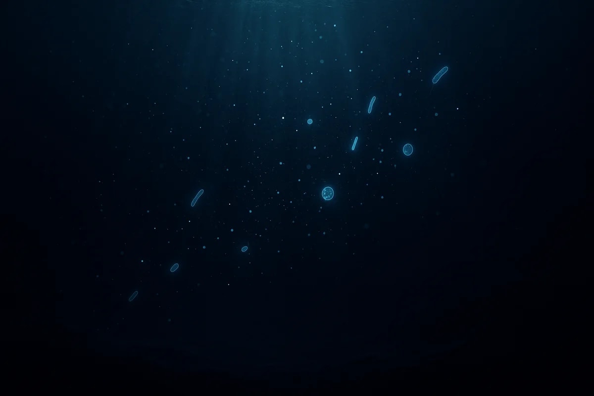 Oscuro océano profundo con haces de luz débiles, partículas brillantes y microbios luminosos flotando sobre un fondo abisal difuso