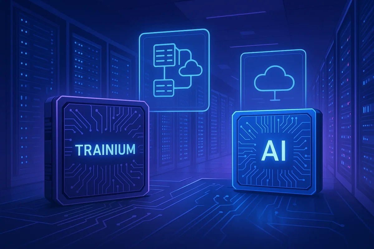 Centro de datos futurista con chips de IA estilizados y paneles holográficos conectando servidores en tonos azules y violetas