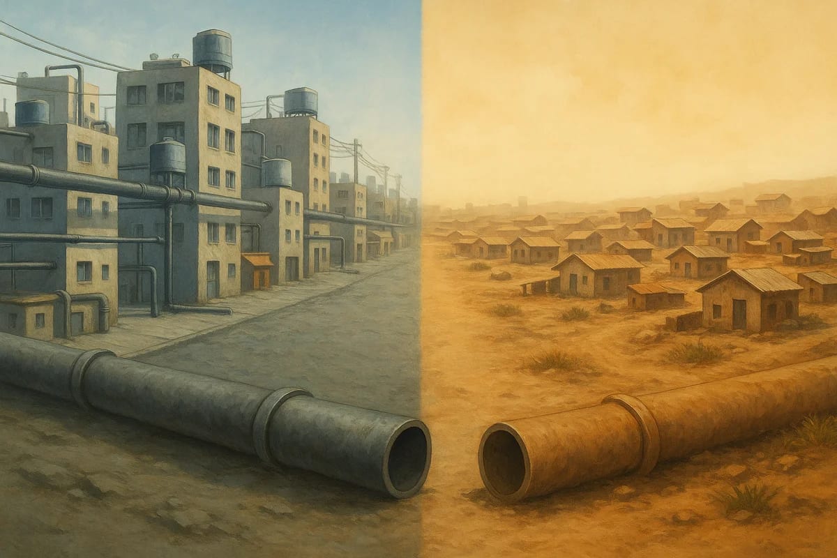 Contraste entre una ciudad industrial con acceso a recursos y una zona rural árida con infraestructuras deterioradas